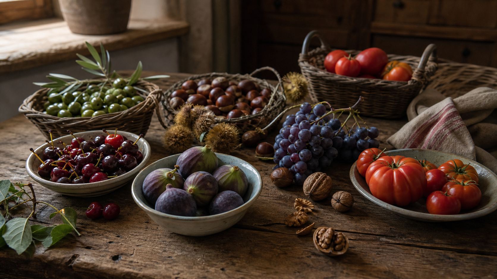 Tavola contadina con frutta e verdura di stagione disposte come un calendario alimentare