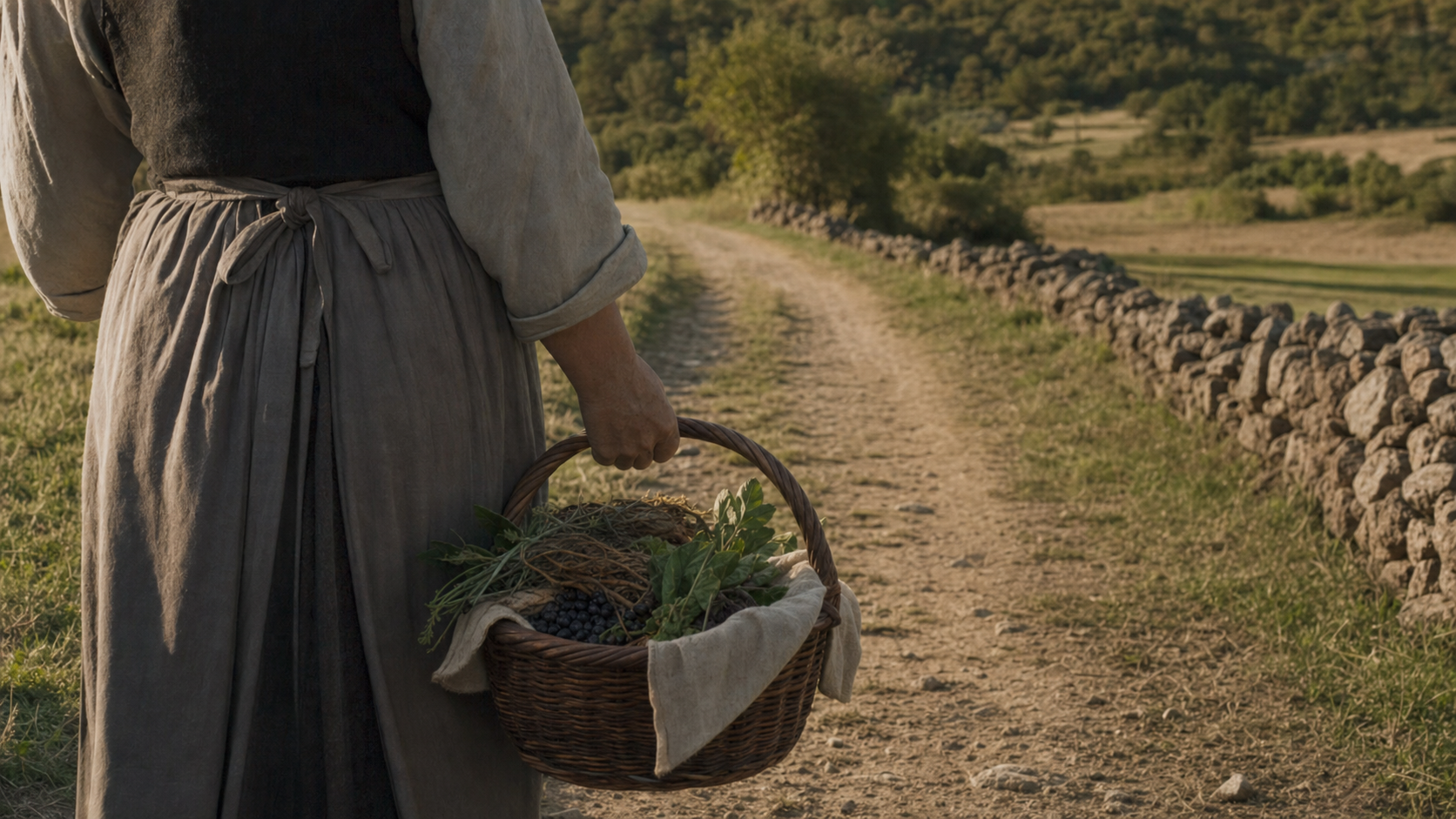 Raccolto di erbe, frutti e prodotti spontanei della campagna su un tavolo rustico