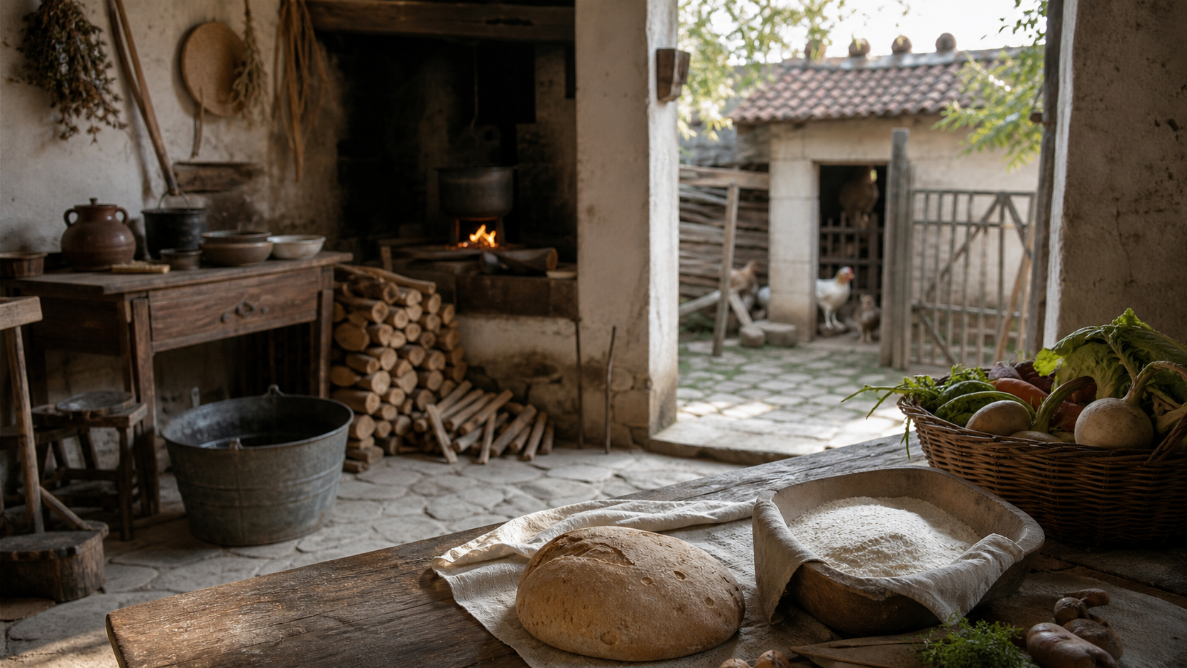 Casa contadina in attività con pane, fuoco, panni e strumenti di lavoro domestico