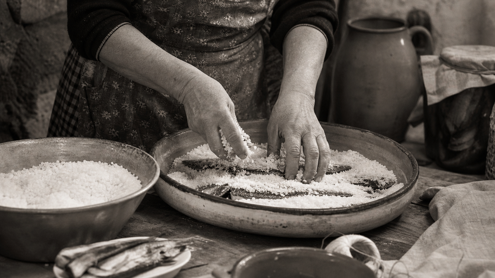 Mani che coprono con sale grosso il cibo da conservare in una cucina domestica
