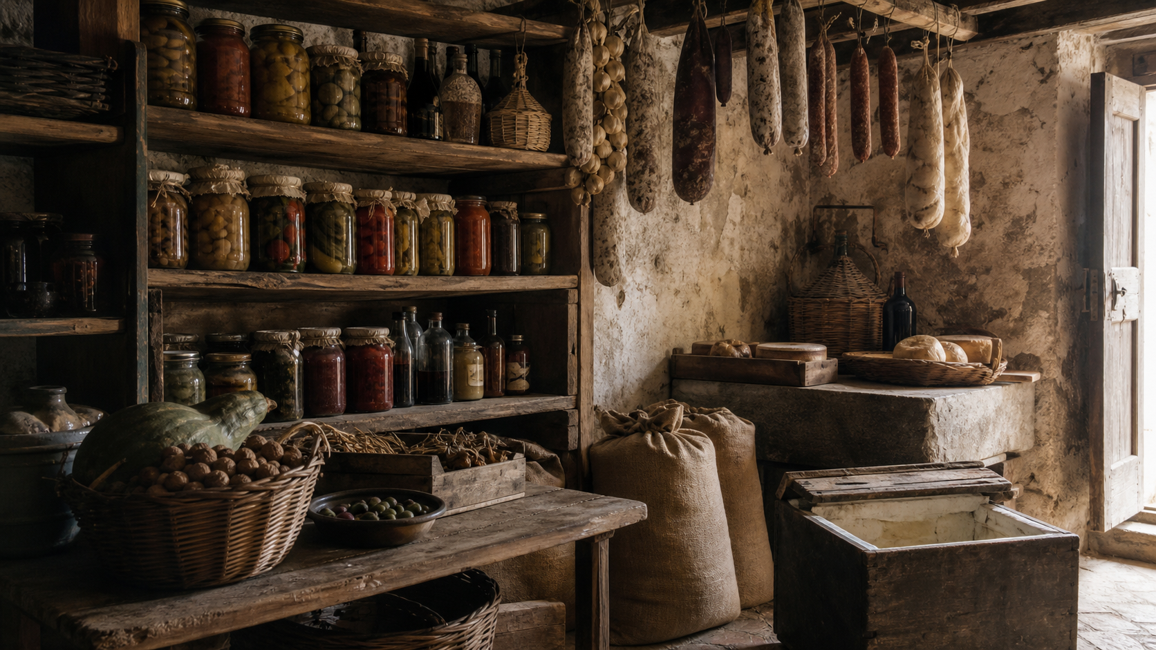 Cantina domestica con scaffali, bottiglie, conserve e cibi conservati prima della diffusione del frigorifero