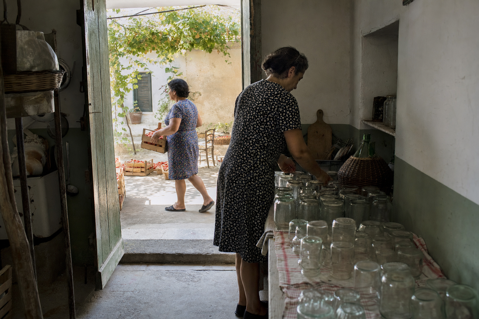 Due donne organizzano pomodori e vasi da conserva tra il cortile e la dispensa