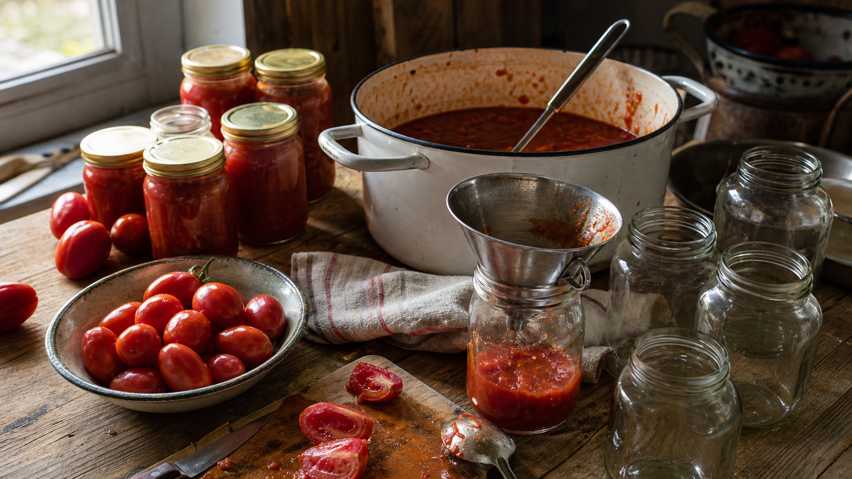 Vasetti di conserve, pomodori e frutta su un tavolo di cucina