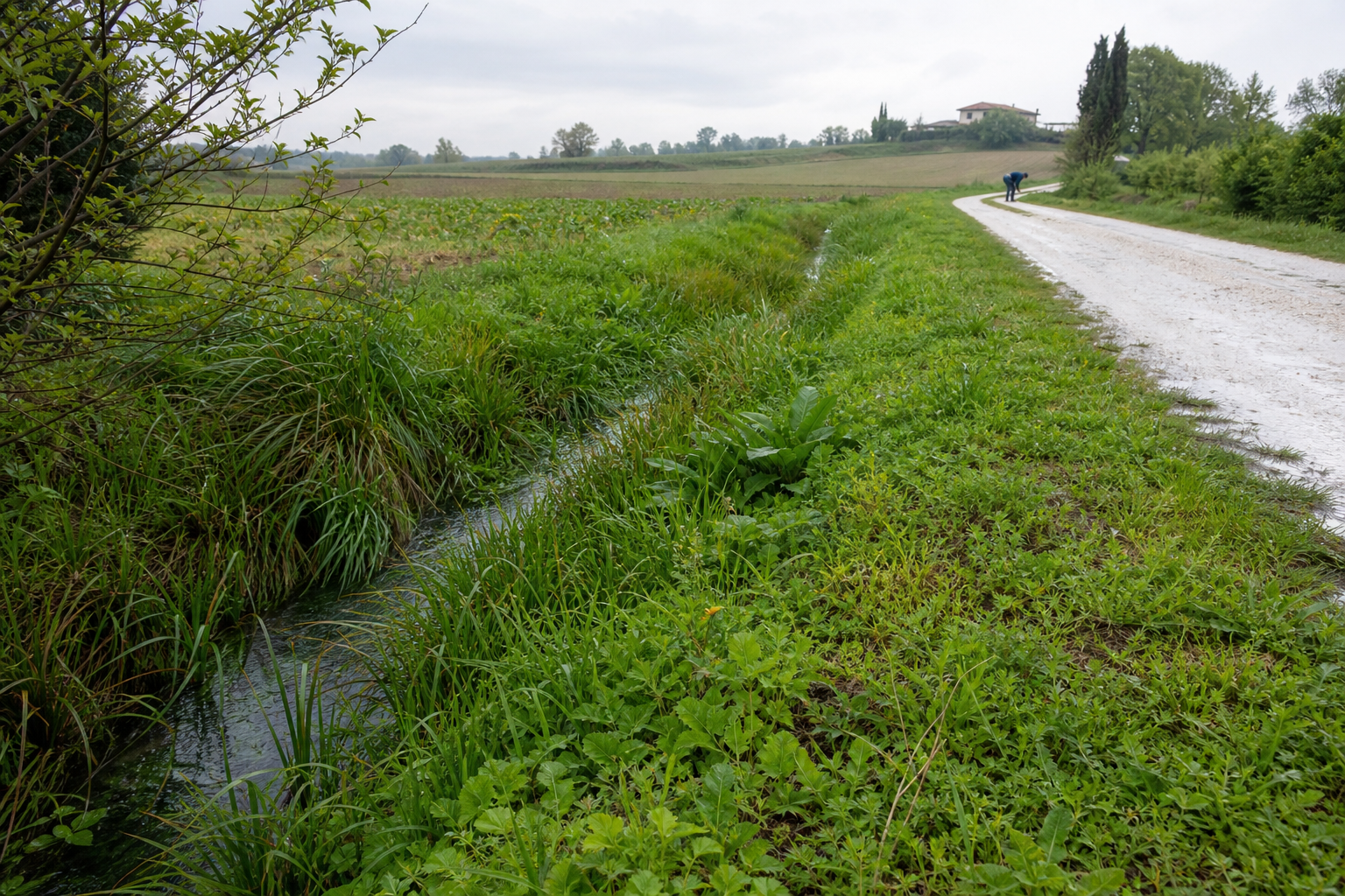 Fosso erboso lungo una strada bianca tra i campi dopo la pioggia