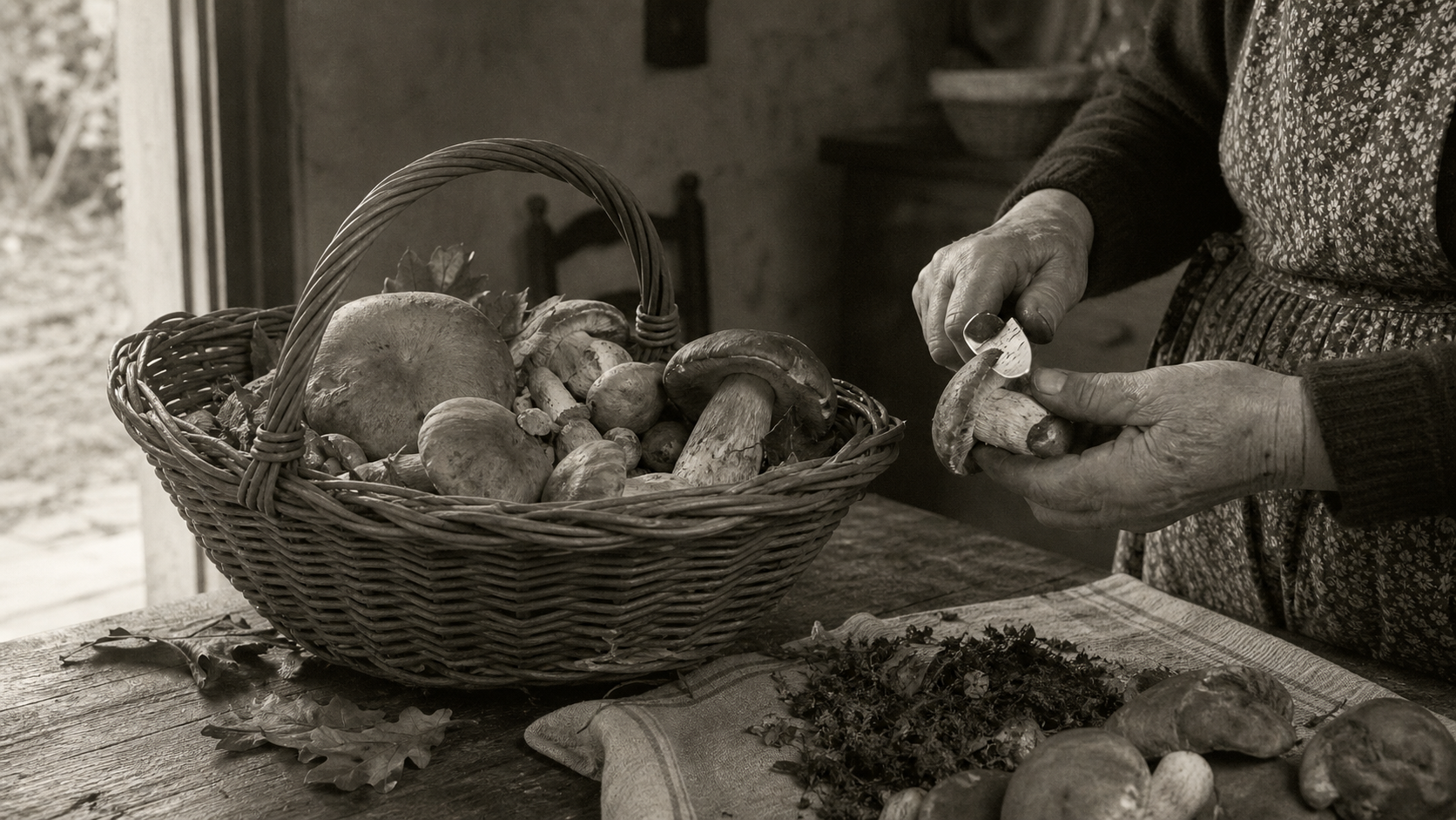 Funghi autunnali puliti a mano su un tavolo di cucina