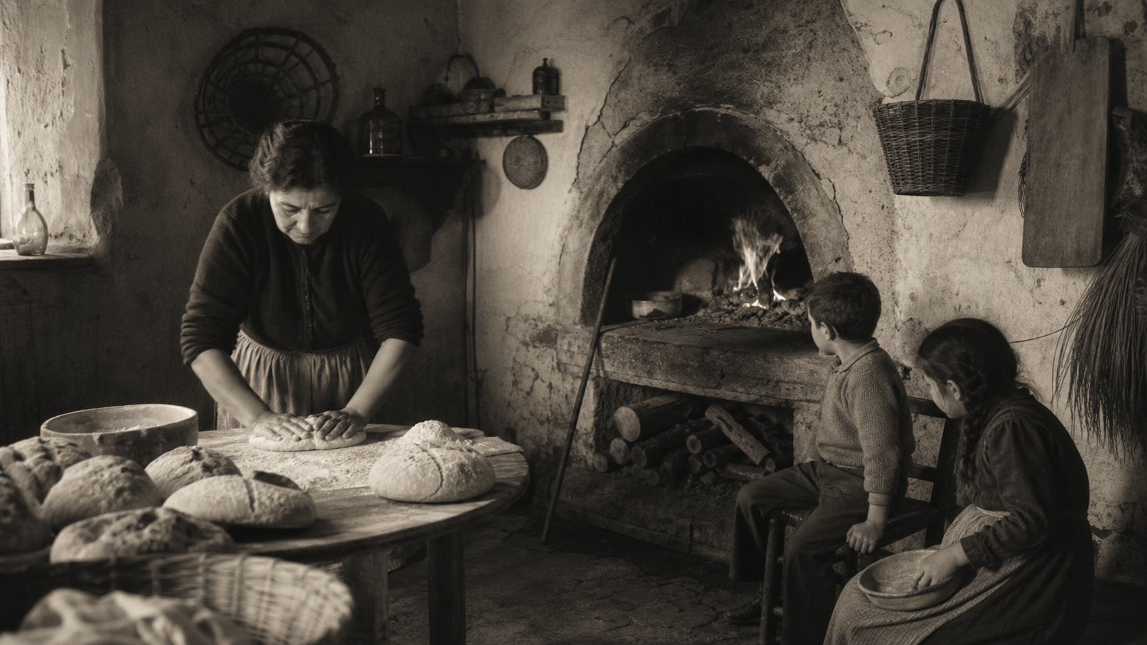 Forno domestico a legna acceso con pane e strumenti di lavoro in una casa rurale