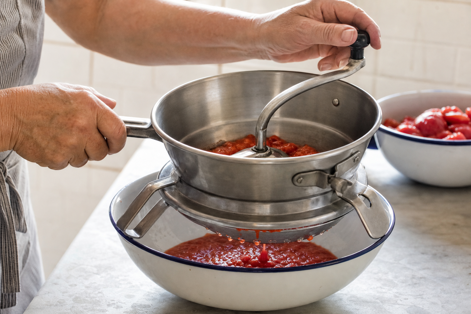Passaverdure manuale usato per ridurre i pomodori cotti in salsa