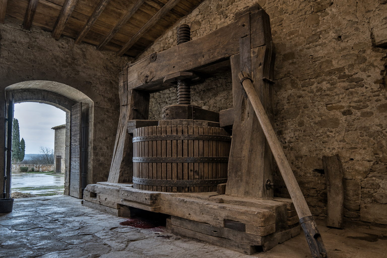 Grande torchio tradizionale di legno in un edificio rurale di pietra
