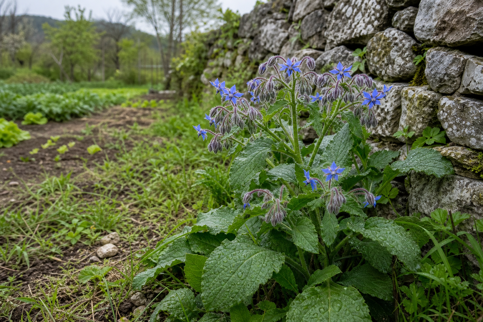 Pianta di borragine fiorita lungo un muro a secco ai margini di un orto
