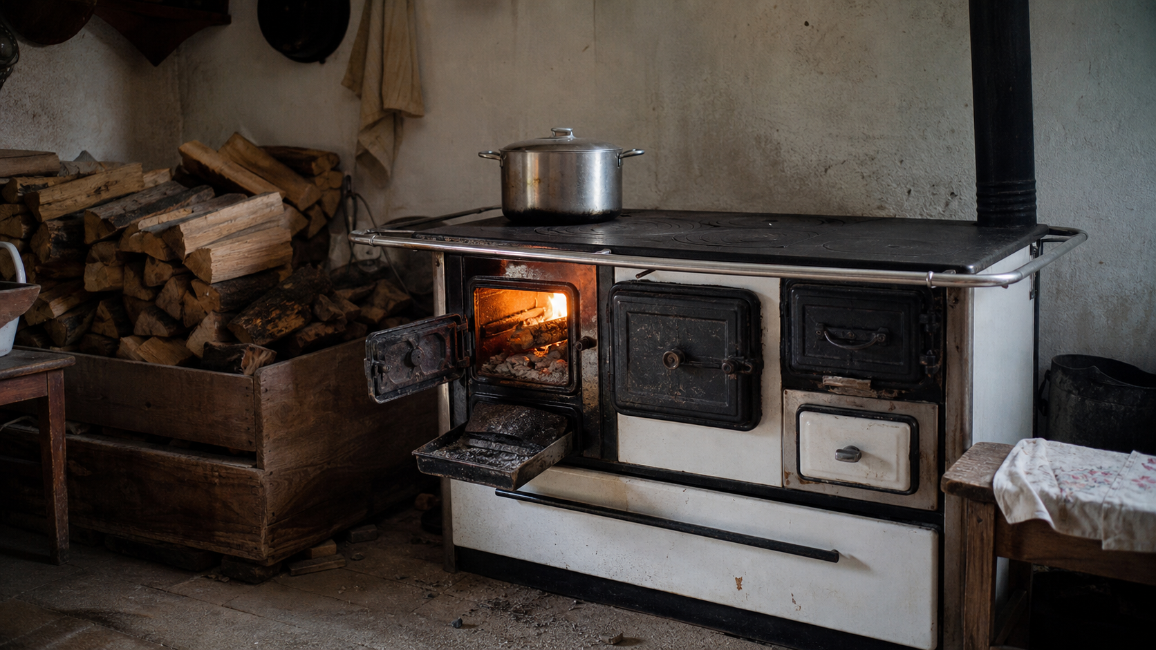 Cucina economica accesa con pentole, legna e utensili in una casa contadina