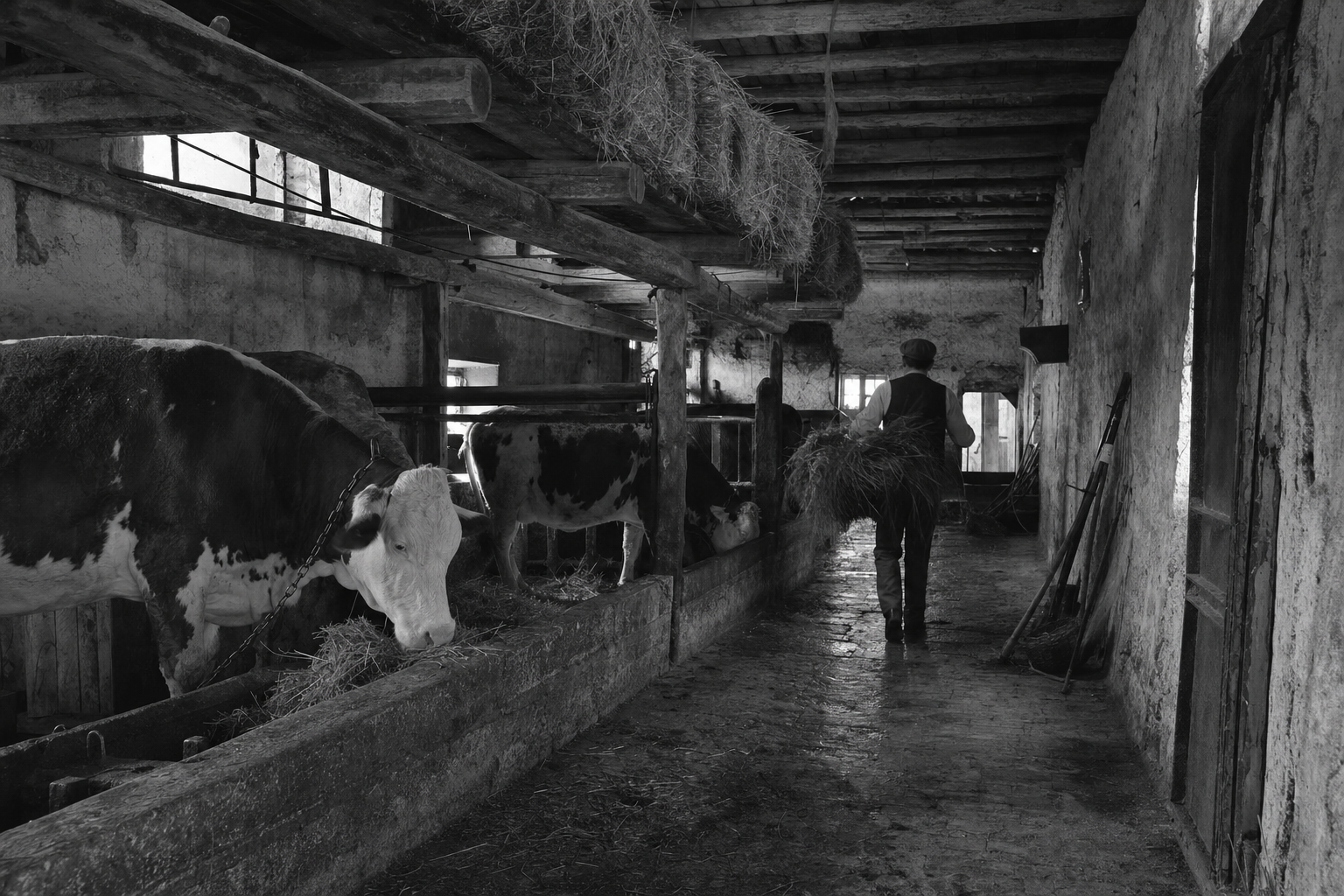 Contadino che porta il fieno alle mucche nella corsia di una stalla rurale