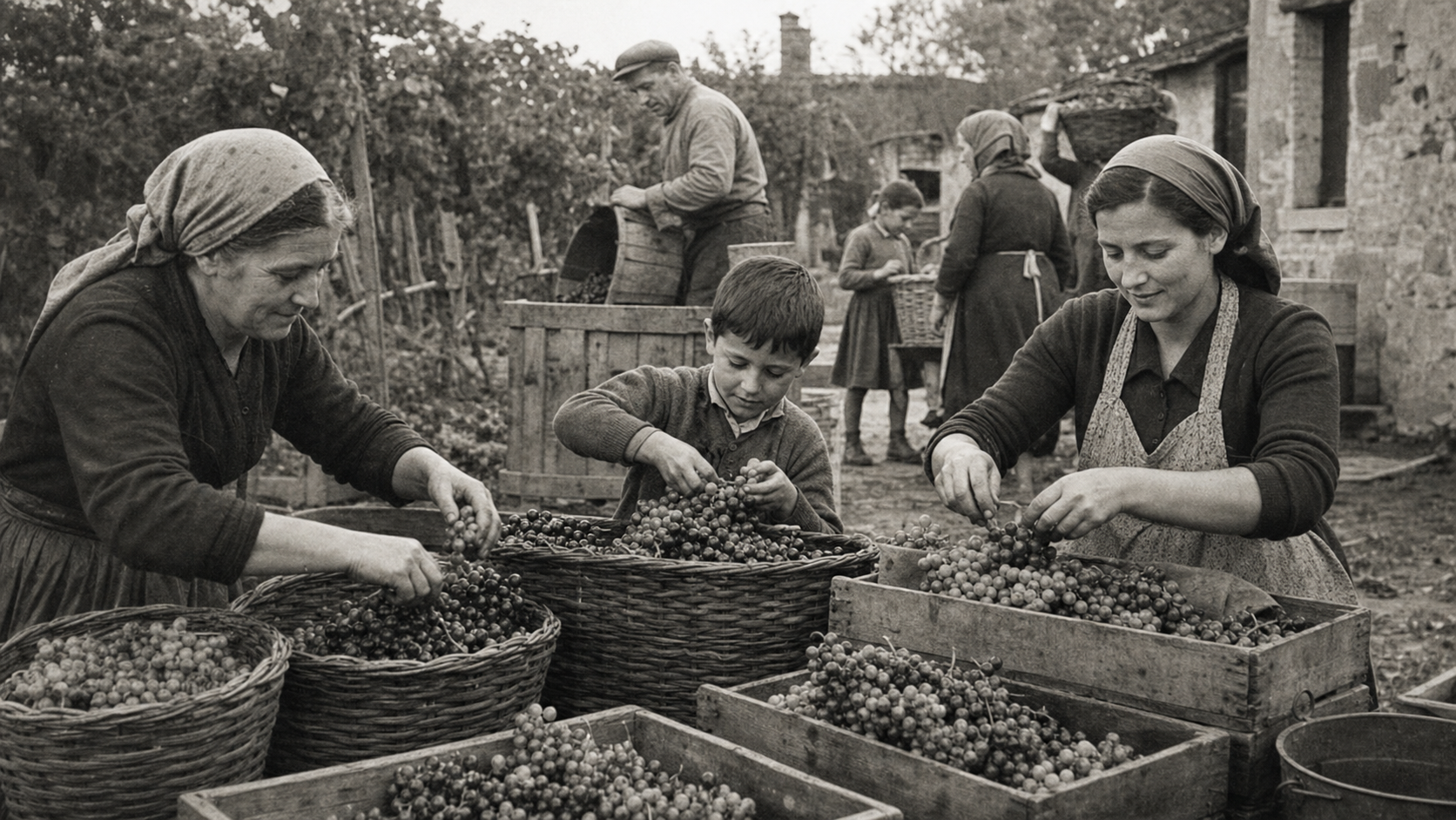 Famiglia al lavoro durante la vendemmia con ceste e cassette di uva