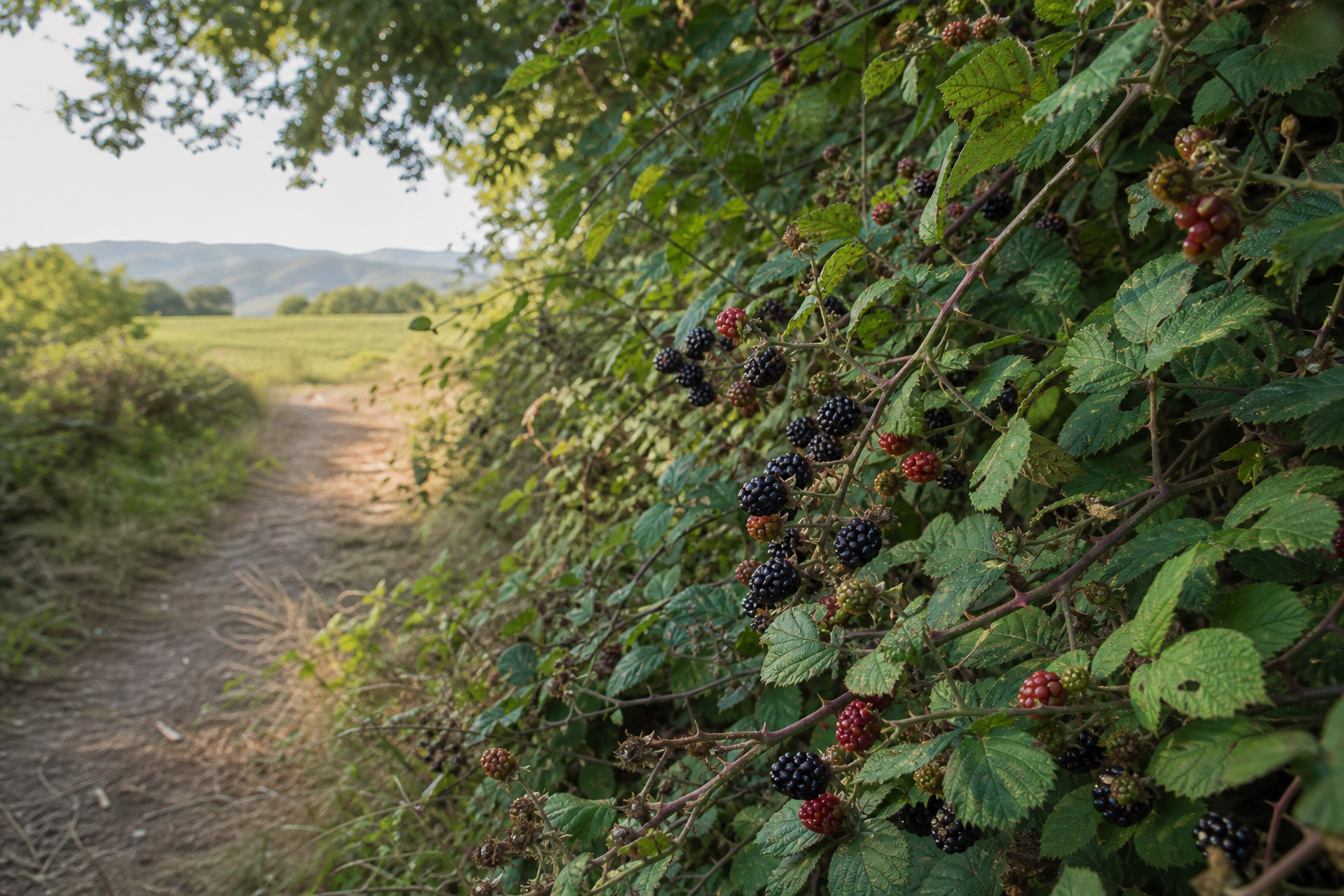 More mature e acerbe su un rovo lungo un sentiero di campagna