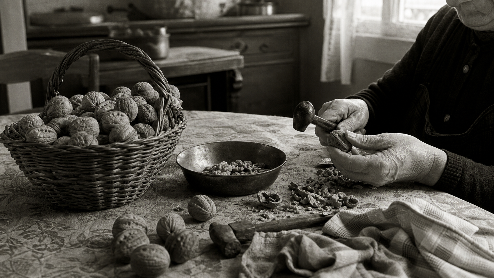 Noci aperte a mano su un tavolo di cucina con un piccolo martello