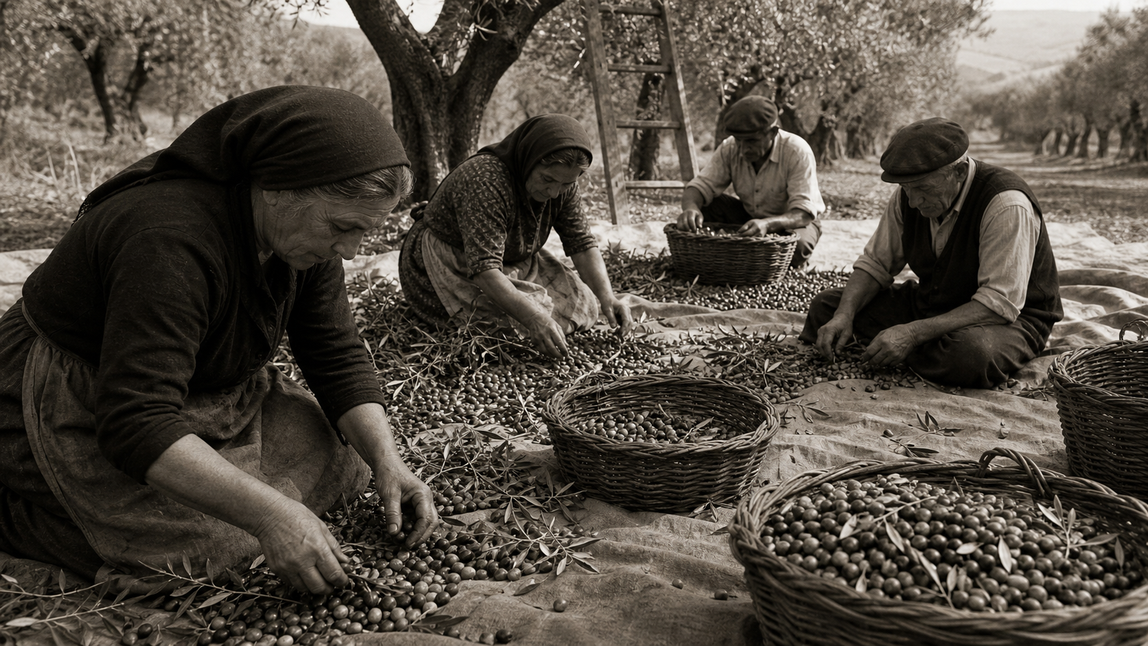 Raccolta delle olive con ceste e teli sotto gli alberi