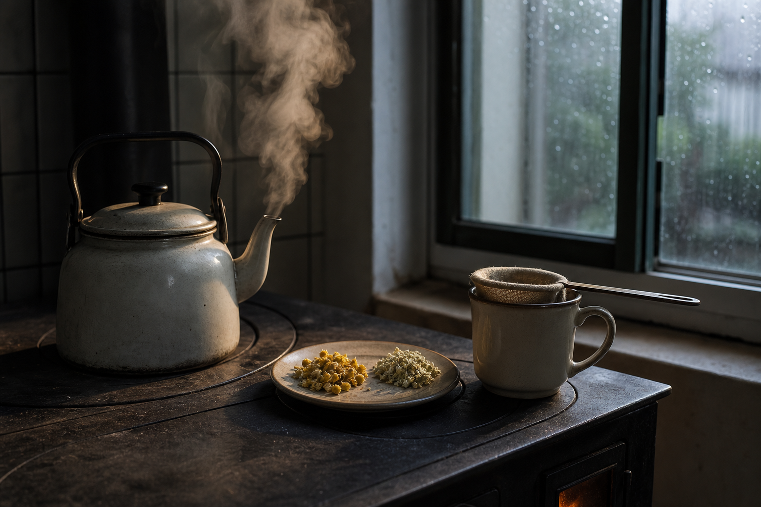 Bollitore tazza e piccole quantità di erbe essiccate sopra una stufa