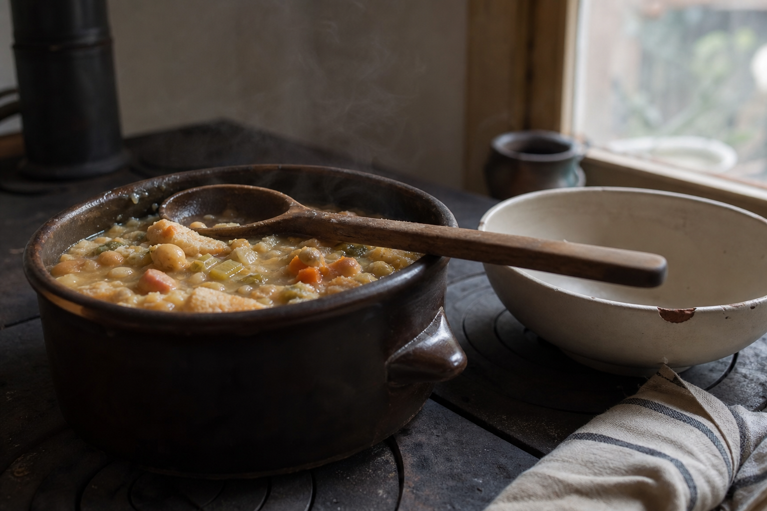 Zuppa di pane e verdure riscaldata in una pentola di terracotta sul fornello